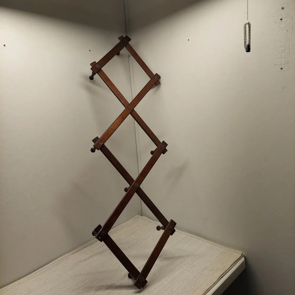 Vintage Wooden Accordion Wall Rack 10 Peg Expandable Hat Coat Hanger Dark Brown